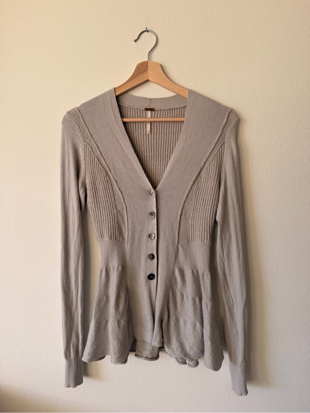 Free People Gray Peplum Button-Front Knit Cardigan